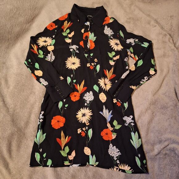 ZARA Woman Premium Denim Collection Sz S Mini Shirt Dress Collar Buttons Floral - Picture 1 of 11